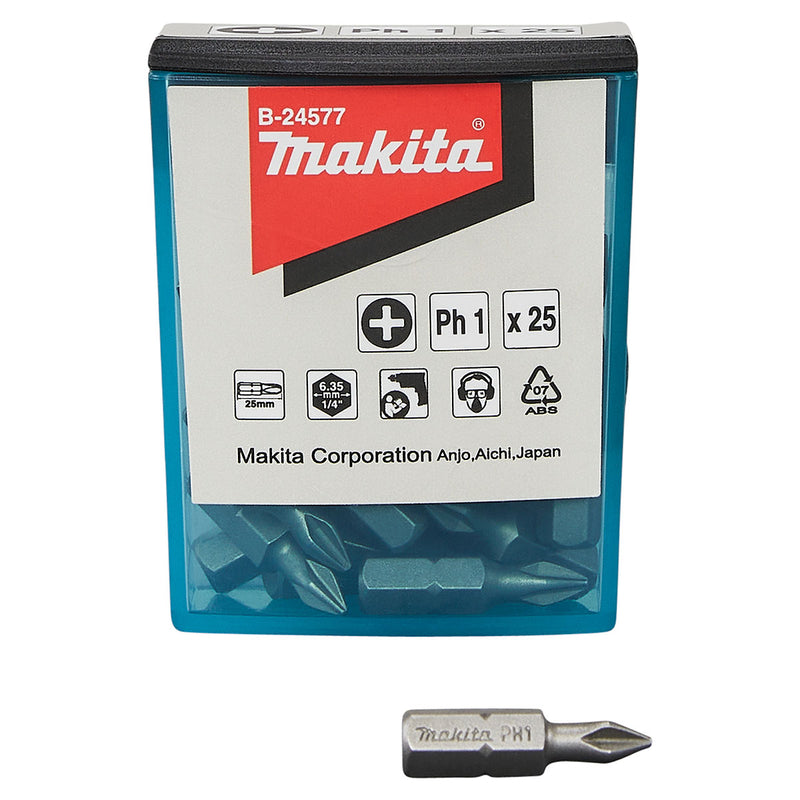 Hộp 25 mũi vặn vít đầu bake Makita kích thước từ PH1 - PH2, chiều dài 25mm, đuôi lục giác 6.35mm (1/4 inch)