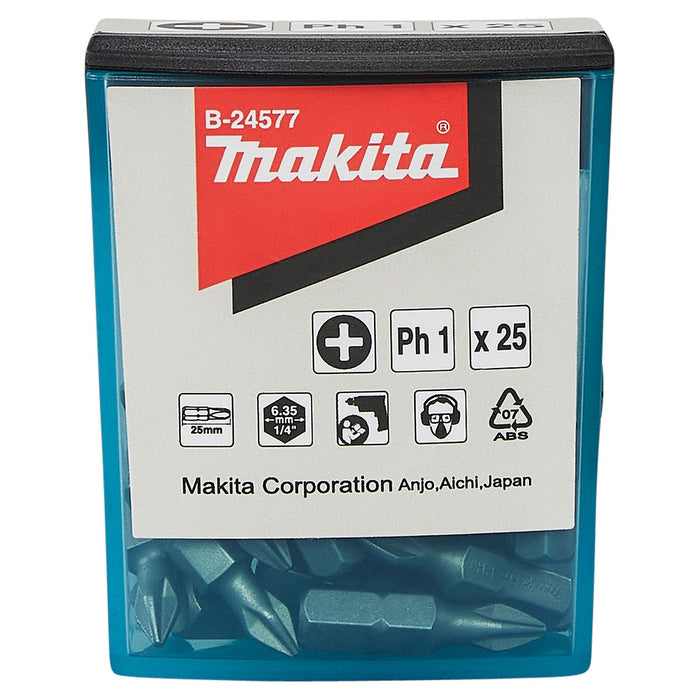 Hộp 25 mũi vặn vít đầu bake Makita kích thước từ PH1 - PH2, chiều dài 25mm, đuôi lục giác 6.35mm (1/4 inch)