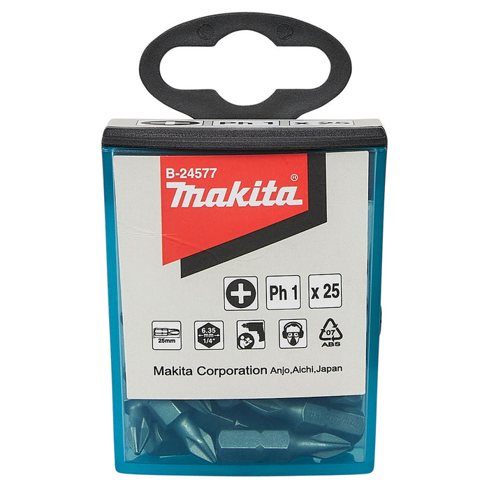 Hộp 25 mũi vặn vít đầu bake Makita kích thước từ PH1 - PH2, chiều dài 25mm, đuôi lục giác 6.35mm (1/4 inch)