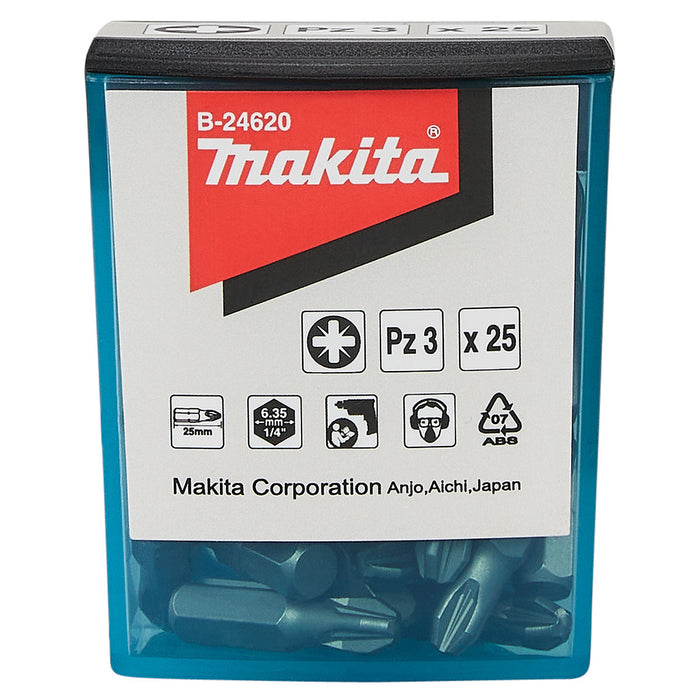 Hộp 25 mũi vặn vít đầu Pozi Makita kích thước từ PZ1 - PZ3, chiều dài 25mm, đuôi lục giác 6.35mm (1/4 inch)