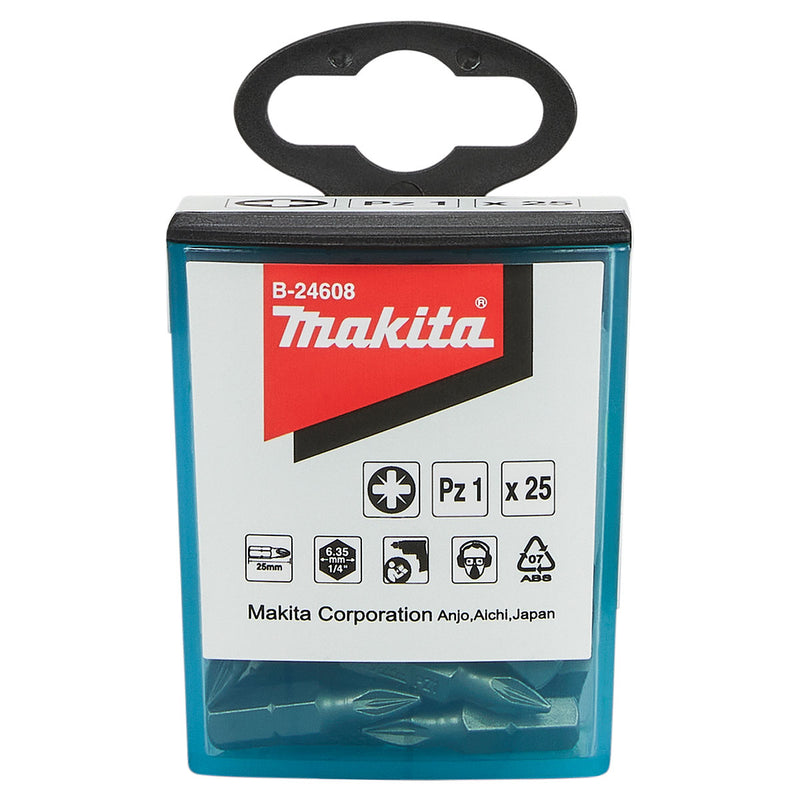 Hộp 25 mũi vặn vít đầu Pozi Makita kích thước từ PZ1 - PZ3, chiều dài 25mm, đuôi lục giác 6.35mm (1/4 inch)