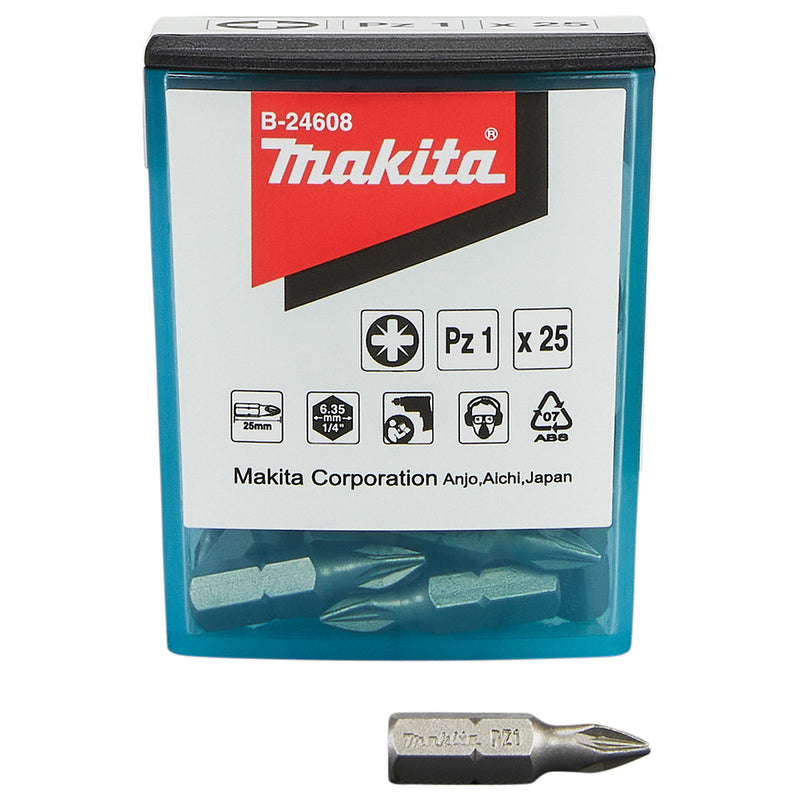 Hộp 25 mũi vặn vít đầu Pozi Makita kích thước từ PZ1 - PZ3, chiều dài 25mm, đuôi lục giác 6.35mm (1/4 inch)