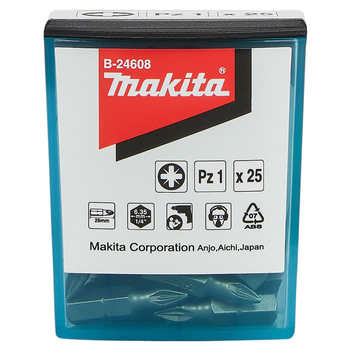 Hộp 25 mũi vặn vít đầu Pozi Makita kích thước từ PZ1 - PZ3, chiều dài 25mm, đuôi lục giác 6.35mm (1/4 inch)