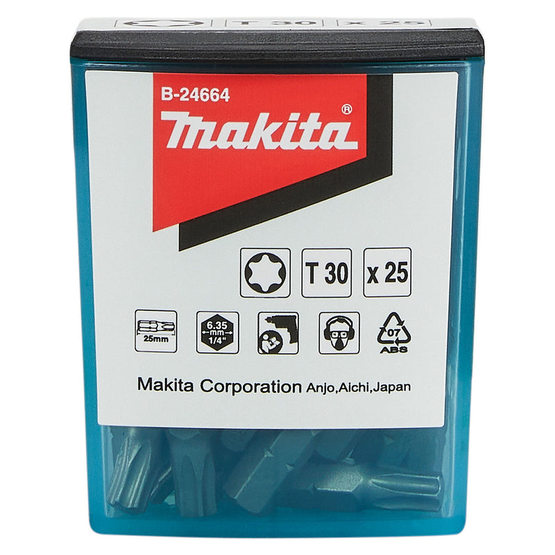 Hộp 25 mũi vặn vít đầu sao Makita kích thước từ T15 - T30, chiều dài 25mm, đuôi lục giác 6.35mm (1/4 inch)