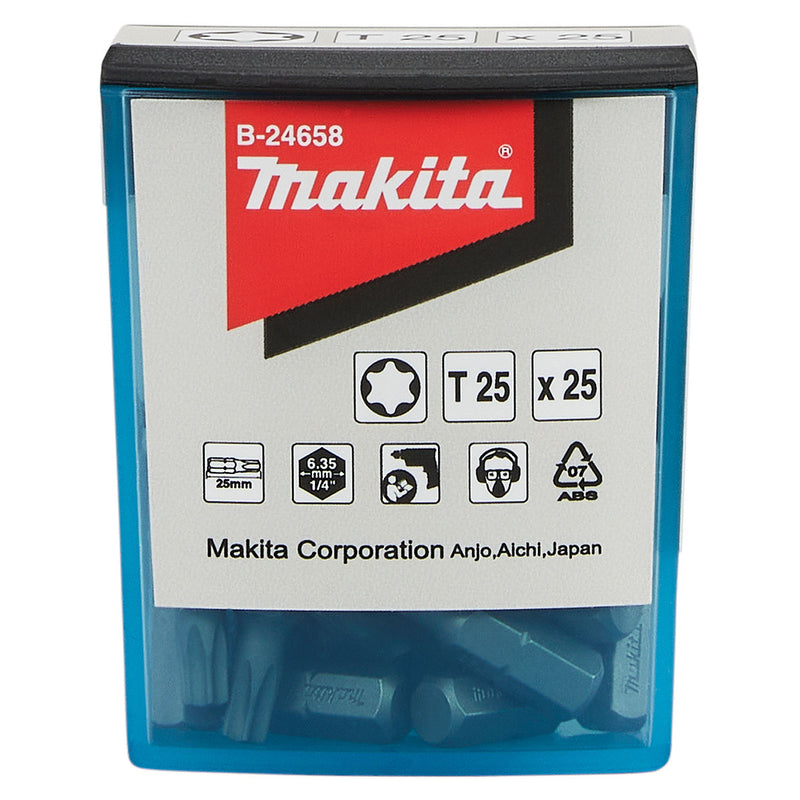 Hộp 25 mũi vặn vít đầu sao Makita kích thước từ T15 - T30, chiều dài 25mm, đuôi lục giác 6.35mm (1/4 inch)
