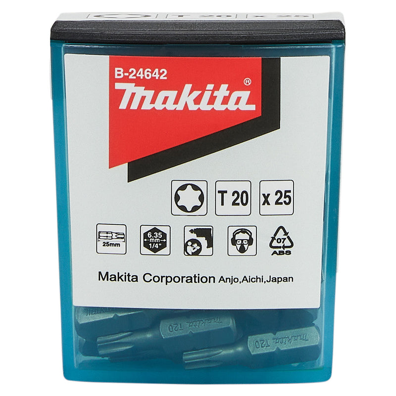 Hộp 25 mũi vặn vít đầu sao Makita kích thước từ T15 - T30, chiều dài 25mm, đuôi lục giác 6.35mm (1/4 inch)