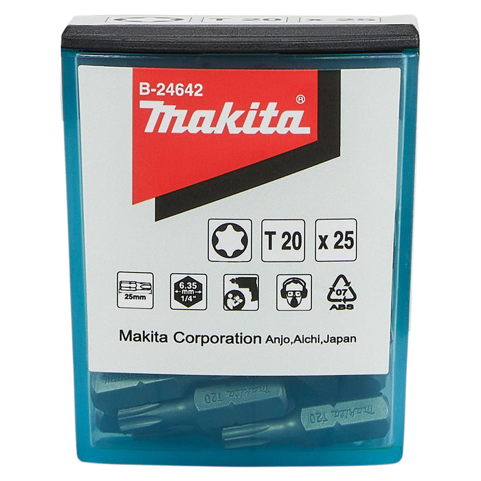 Hộp 25 mũi vặn vít đầu sao Makita kích thước từ T15 - T30, chiều dài 25mm, đuôi lục giác 6.35mm (1/4 inch)