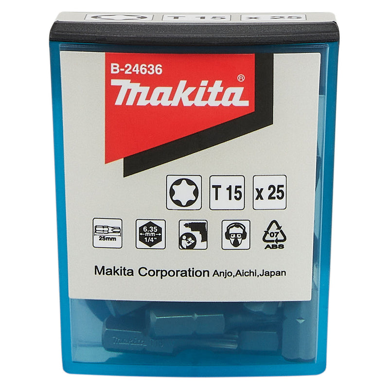 Hộp 25 mũi vặn vít đầu sao Makita kích thước từ T15 - T30, chiều dài 25mm, đuôi lục giác 6.35mm (1/4 inch)