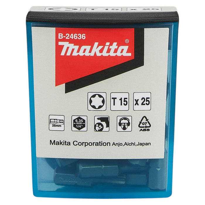 Hộp 25 mũi vặn vít đầu sao Makita kích thước từ T15 - T30, chiều dài 25mm, đuôi lục giác 6.35mm (1/4 inch)