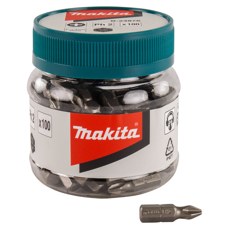 Hộp 100 mũi vặn vít đầu bake Makita B-24876 kích thước PH2 x 25mm, đuôi lục giác 6.35mm (1/4 inch)