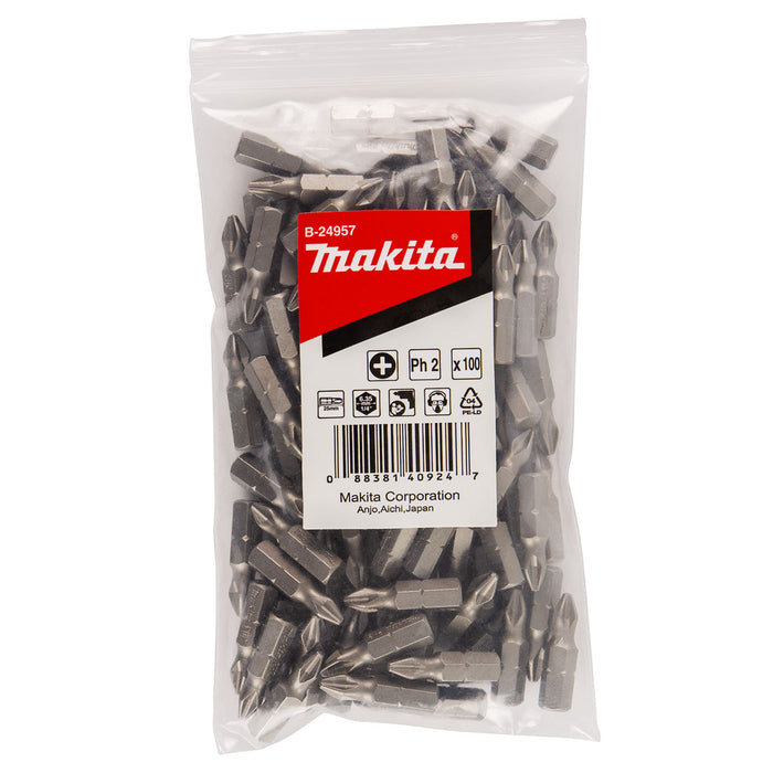 Túi 100 mũi vặn vít đầu bake Makita B-24957 kích thước PH2 x 25mm, đuôi lục giác 6.35mm (1/4 inch)