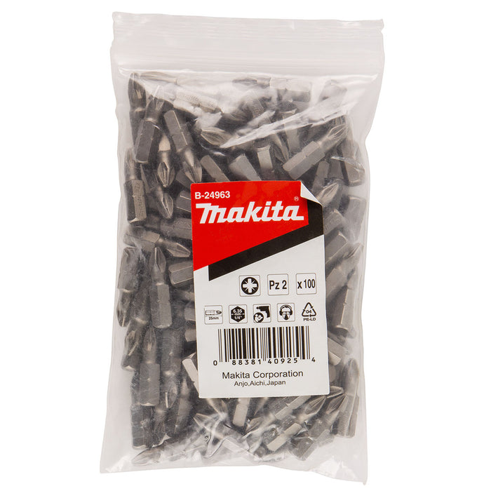 Túi 100 mũi vặn vít đầu Pozi Makita B-24963 kích thước PZ2 x 25mm, đuôi lục giác 6.35mm (1/4 inch)