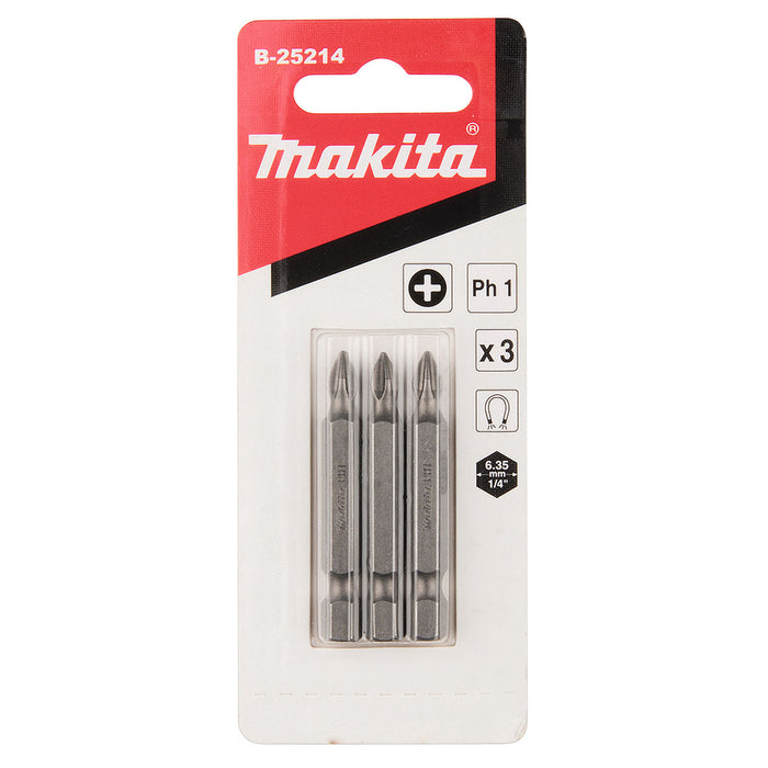 Vĩ 3 mũi vặn vít đầu bake Makita B-25214 kích thước PH1 x 50mm, đuôi lục giác 6.35mm (1/4 inch)