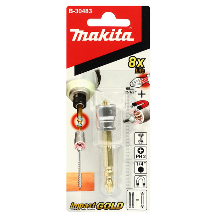 Mũi vặn vít 2 đầu, có nam châm tăng lực hút Makita B-30483 kích thước PH2, chiều dài 65mm, đuôi lục giác 6.35mm (1/4 inch)