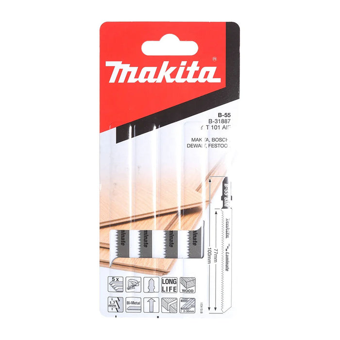 Hộp 5 lưỡi cưa lọng Bi-Metal Makita B-31887 dùng cho ván ép Laminate, nhựa số răng 14 TPI, chiều dài 100mm, đuôi gài kiểu B ( Cấp 3 sao )