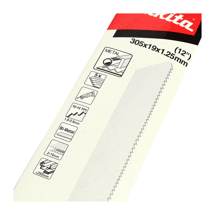 Hộp 5 lưỡi cưa kiếm Bi-Metal Makita B-43228 dùng cho kim loại dày, số răng 10-14 TPI chiều dài 305mm ( Cấp 3 sao )