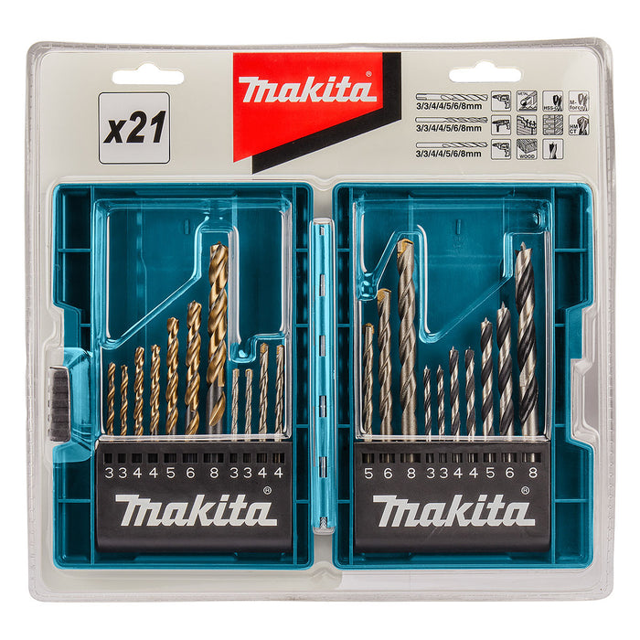 Bộ mũi khoan tổng hợp 21 chi tiết Makita B-44884 kích thước từ 3mm - 8mm, đuôi trơn