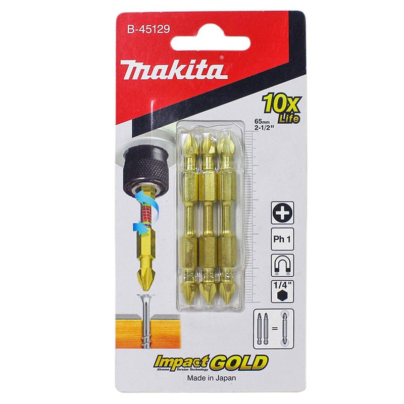 Vĩ 3 mũi vặn vít 2 đầu bake Impact Gold Makita B-45129 kích thước PH1 x 65mm, đuôi lục giác 6.35mm (1/4 inch)