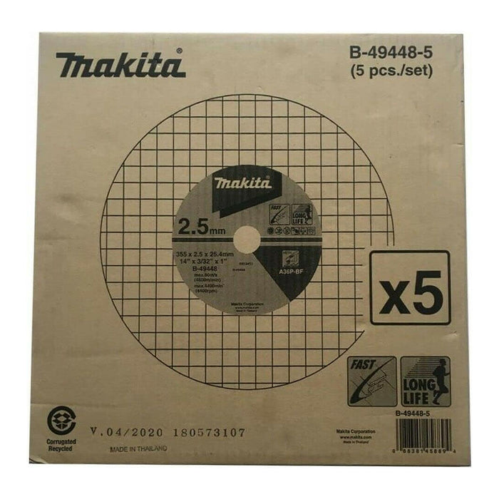 Hộp 5 lưỡi đá cắt kim loại 355mm ( 14 inch ) Makita B-49448-5 dày 2.5mm, lỗ cốt 25.4mm ( 1 inch ) ( Cấp 4 sao )