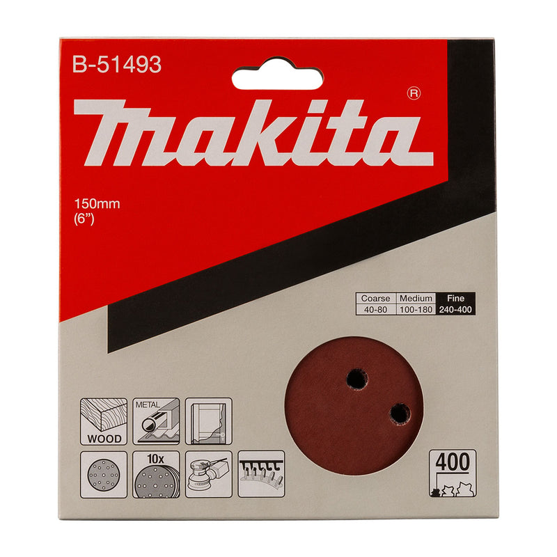 Hộp 10 giấy nhám tròn đục lỗ 150mm ( 6 inch ) Makita B-51493 cho gỗ, sơn, kim loại dùng với đế gai ( Cấp 3 sao )