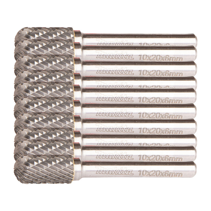 Hộp 10 mũi mài hợp kim Makita B-52750-10  hình trụ tròn (SC), đường kính mũi 10mm, đuôi trơn 6mm ( Cấp 3 sao )