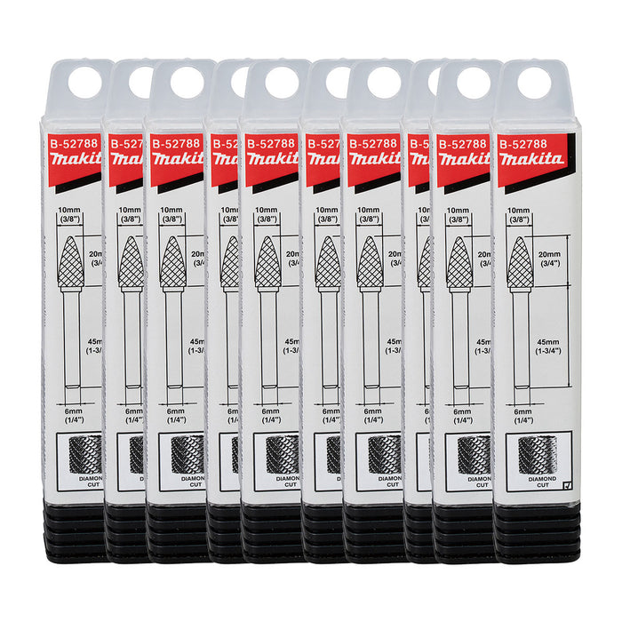 Hộp 10 mũi mài hợp kim Makita B-52788-10  hình chóp bầu (SF), đường kính mũi 10mm, đuôi trơn 6mm ( Cấp 3 sao )