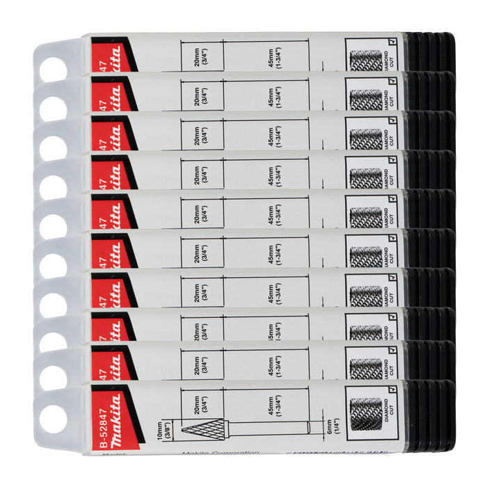 Hộp 10 mũi mài hợp kim Makita B-52847-10 hình chóp nhọn (SM), đường kính mũi 10mm, đuôi trơn 6mm ( Cấp 3 sao )