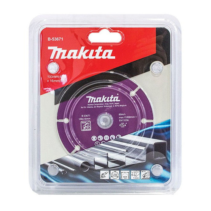 Lưỡi cắt kim cương cao cấp 100mm kiểu răng phân đoạn hàn chân không Makita B-53671 dùng cho kim loại, lỗ cốt 16mm, cắt khô ( Cấp chuyên dụng )