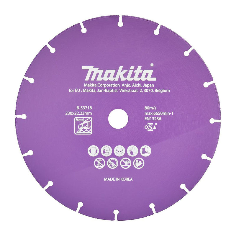 Lưỡi cắt kim cương cao cấp 230mm kiểu răng phân đoạn hàn chân không Makita B-53718 dùng cho kim loại, lỗ cốt 22.23mm, cắt khô ( Cấp chuyên dụng )