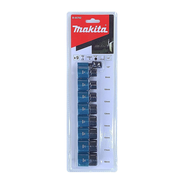 Bộ đầu tuýp 9 chi tiết cốt 1/2 inch Makita kích thước từ 8mm-18mm, thép Cr-Mo ( Cấp 3 sao )