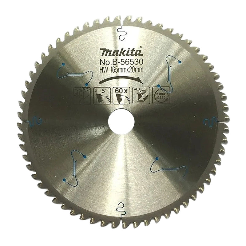 Lưỡi cưa nhôm TCT Makita B-56530 đường kính 165mm, 60 răng kiểu TCG, khe Laser giảm rung lỗ cốt 20mm, dùng cho máy cưa đa góc ( Cấp 3 sao )
