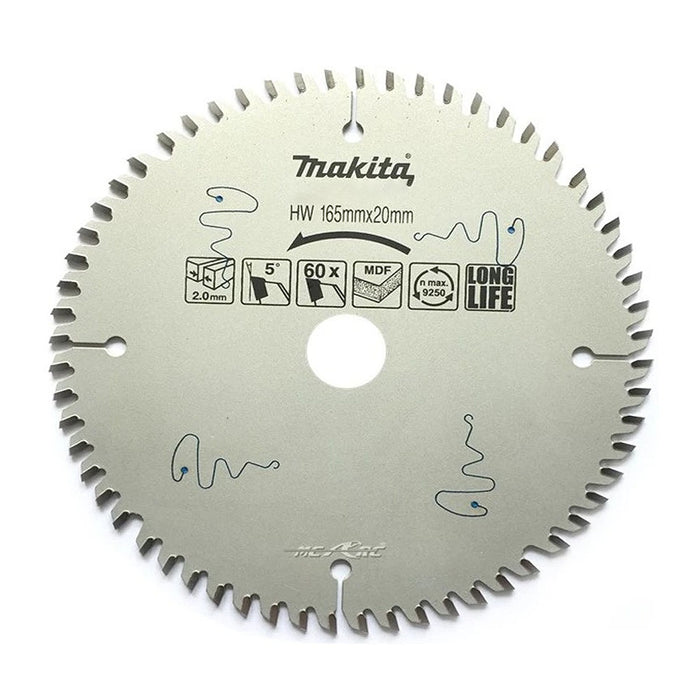 Lưỡi cưa gỗ, ván MDF TCT Makita đường kính 165mm bề mặt phủ Flo và khắc Laser, 60 răng kiểu Hi-ATB và TCG, lỗ cốt 20mm dùng cho máy cưa đĩa cắt sâu, cắt chìm ( Cấp 4 sao )
