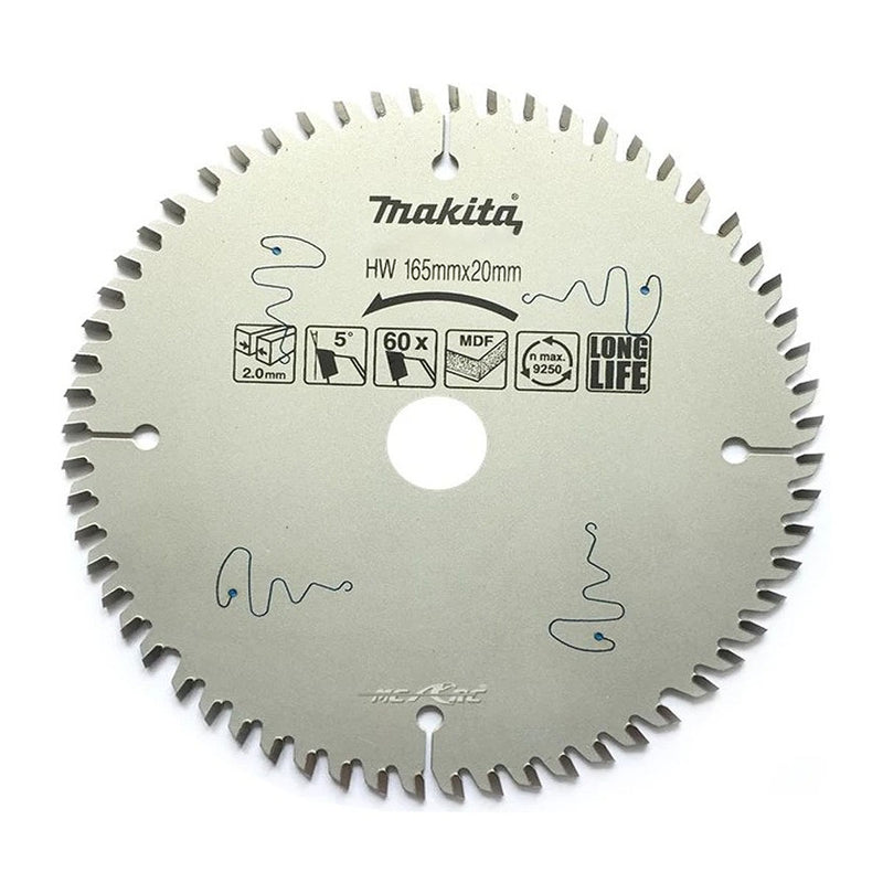 Lưỡi cưa gỗ, ván MDF TCT Makita đường kính 165mm bề mặt phủ Flo và khắc Laser, 60 răng kiểu Hi-ATB và TCG, lỗ cốt 20mm ( Cấp 4 sao )