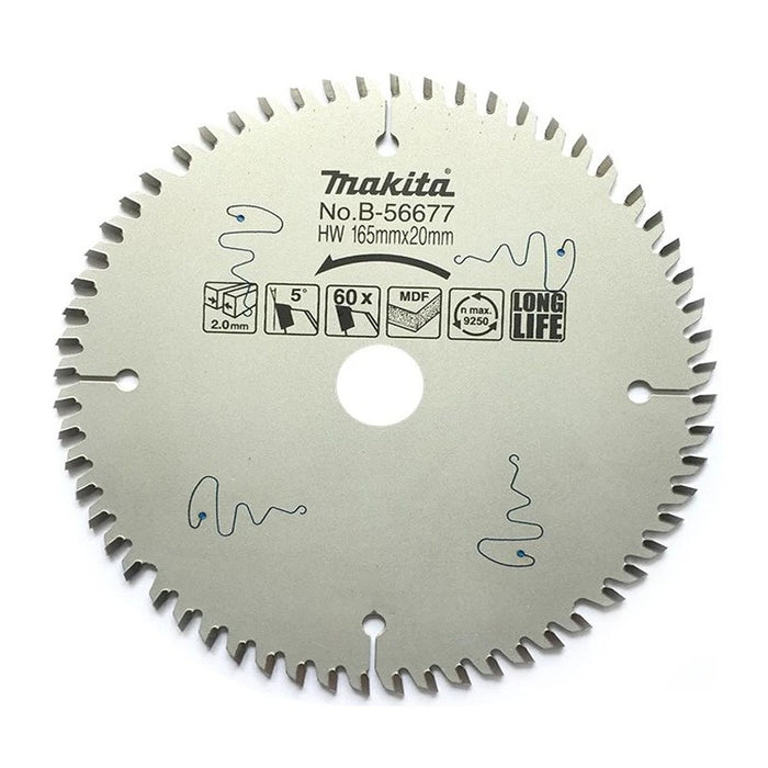 Lưỡi cưa gỗ, ván MDF TCT Makita đường kính 165mm bề mặt phủ Flo và khắc Laser, 60 răng kiểu Hi-ATB và TCG, lỗ cốt 20mm dùng cho máy cưa đĩa cắt sâu, cắt chìm ( Cấp 4 sao )