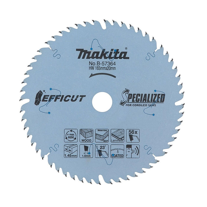 Lưỡi cưa gỗ và ván ép MDF TCT Makita công nghệ Efficut đường kính 165mm số răng từ 25-56, kiểu ATAFR, lỗ cốt 20mm dùng cho máy cưa đĩa ( Cấp 5 sao )