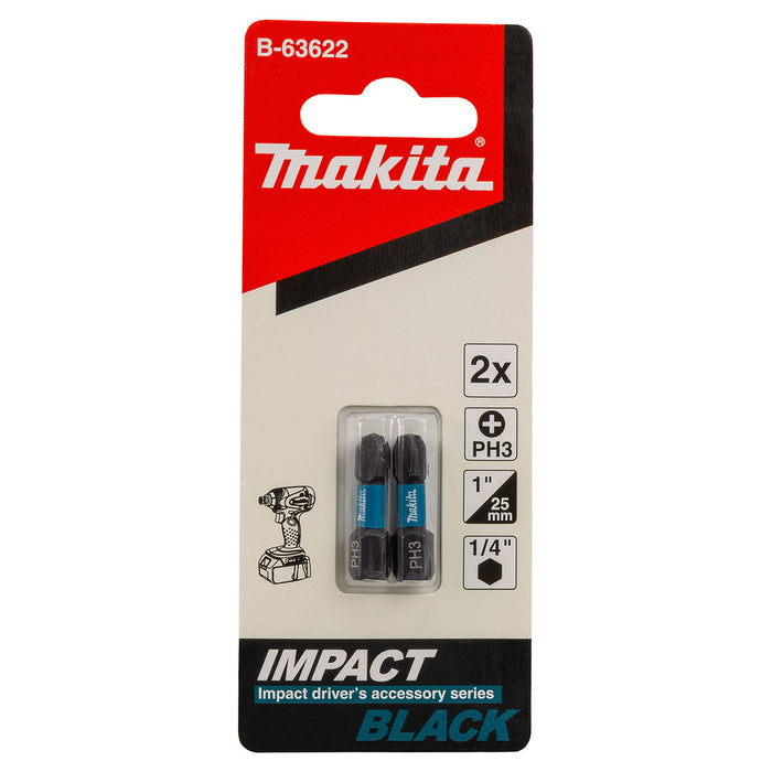 Vĩ 2 mũi vặn vít đầu bake Impact Black Makita kích thước từ PH1 - PH3, chiều dài 25mm, đuôi lục giác 6.35mm (1/4 inch)