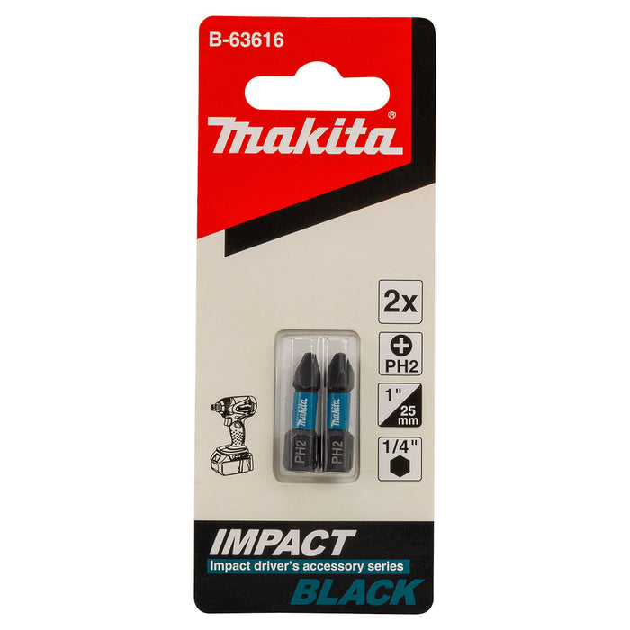 Vĩ 2 mũi vặn vít đầu bake Impact Black Makita kích thước từ PH1 - PH3, chiều dài 25mm, đuôi lục giác 6.35mm (1/4 inch)