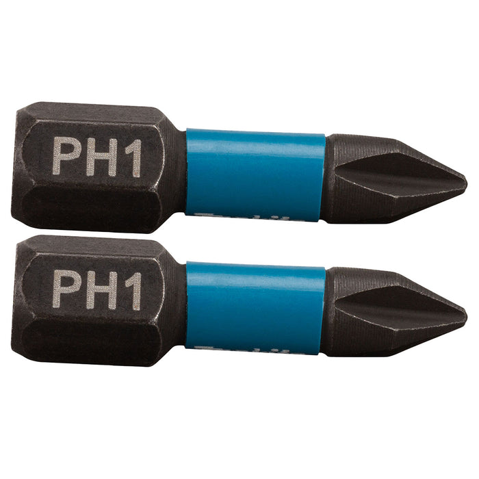 Vĩ 2 mũi vặn vít đầu bake Impact Black Makita kích thước từ PH1 - PH3, chiều dài 25mm, đuôi lục giác 6.35mm (1/4 inch)