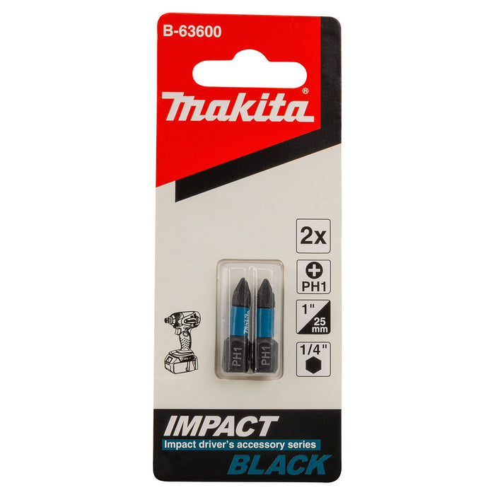 Vĩ 2 mũi vặn vít đầu bake Impact Black Makita kích thước từ PH1 - PH3, chiều dài 25mm, đuôi lục giác 6.35mm (1/4 inch)