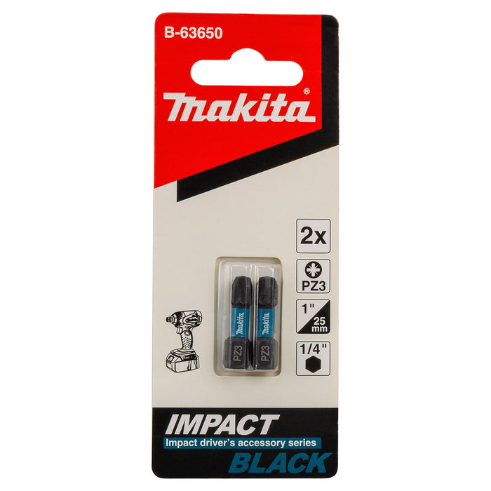 Vĩ 2 mũi vặn vít đầu Pozi Impact Black Makita kích thước từ PZ1 - PZ3, chiều dài 25mm, đuôi lục giác 6.35mm (1/4 inch)