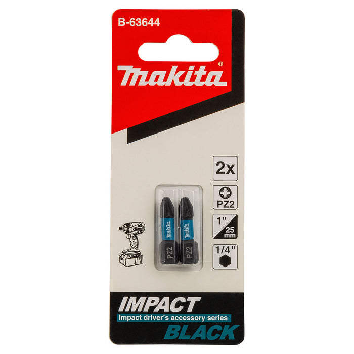 Vĩ 2 mũi vặn vít đầu Pozi Impact Black Makita kích thước từ PZ1 - PZ3, chiều dài 25mm, đuôi lục giác 6.35mm (1/4 inch)