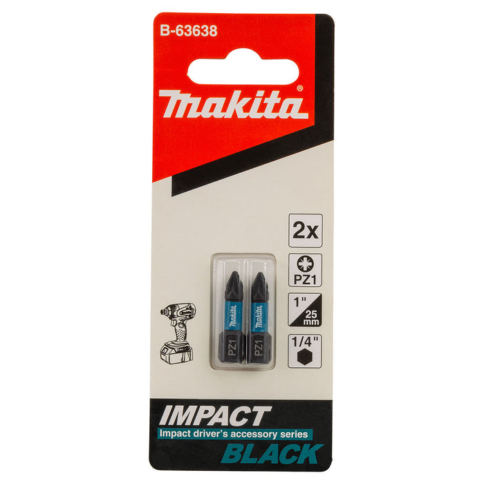 Vĩ 2 mũi vặn vít đầu Pozi Impact Black Makita kích thước từ PZ1 - PZ3, chiều dài 25mm, đuôi lục giác 6.35mm (1/4 inch)