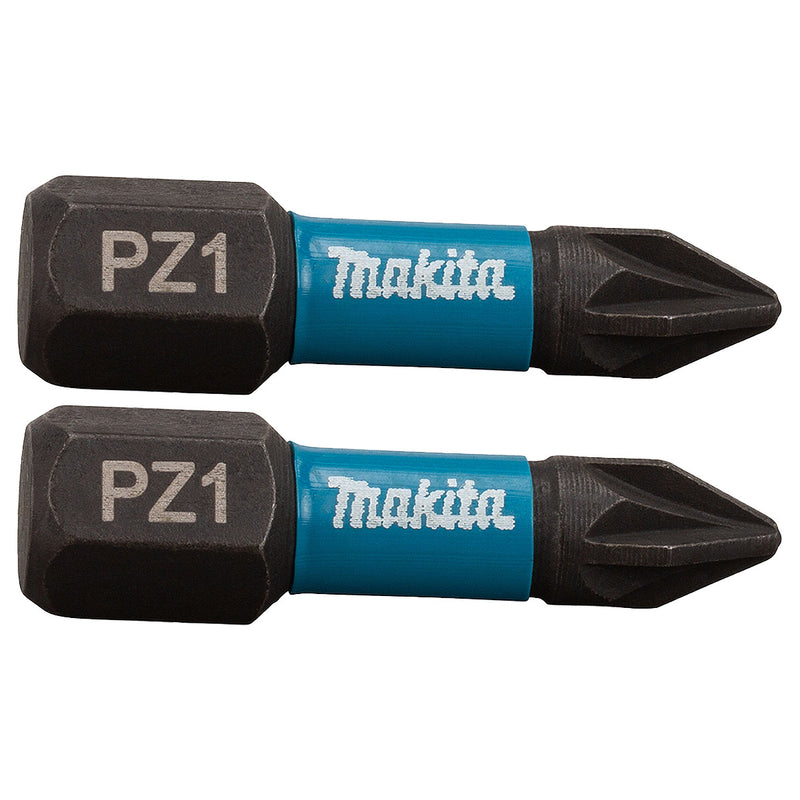 Vĩ 2 mũi vặn vít đầu Pozi Impact Black Makita kích thước từ PZ1 - PZ3, chiều dài 25mm, đuôi lục giác 6.35mm (1/4 inch)