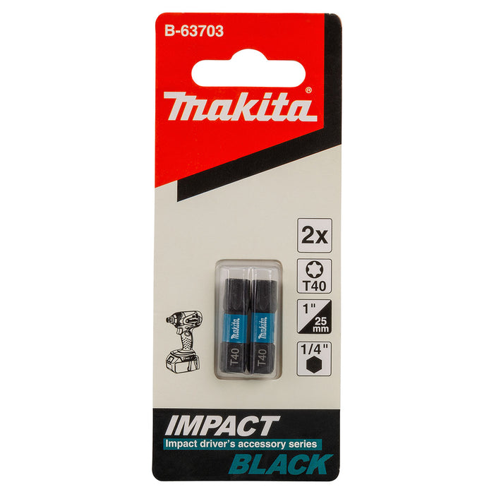 Vĩ 2 mũi vặn vít đầu sao Impact Black Makita kích thước từ T15 - T40, chiều dài 25mm, đuôi lục giác 6.35mm (1/4 inch)