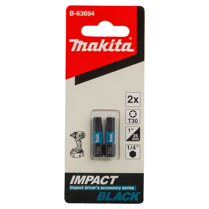Vĩ 2 mũi vặn vít đầu sao Impact Black Makita kích thước từ T15 - T40, chiều dài 25mm, đuôi lục giác 6.35mm (1/4 inch)