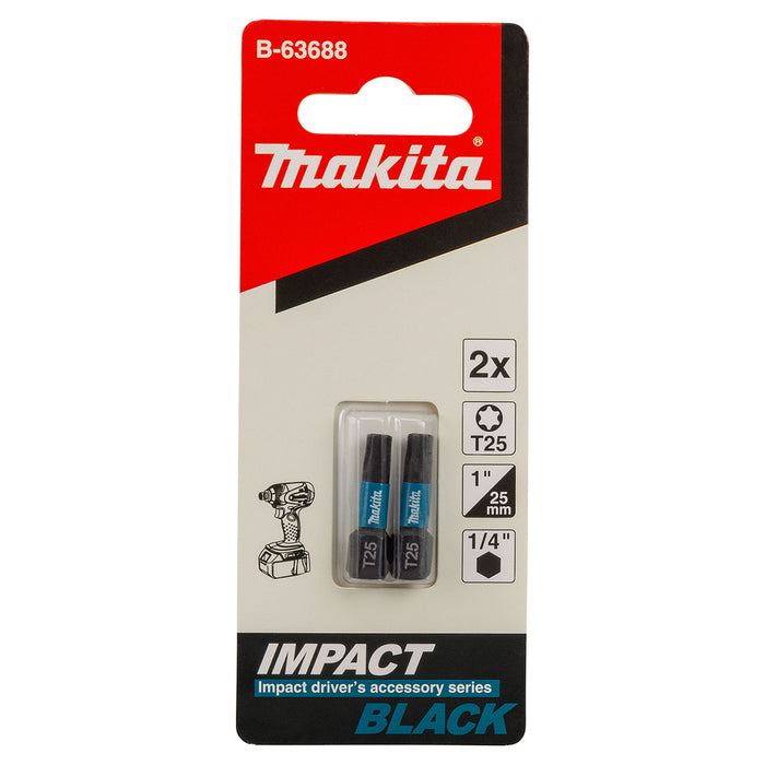 Vĩ 2 mũi vặn vít đầu sao Impact Black Makita kích thước từ T15 - T40, chiều dài 25mm, đuôi lục giác 6.35mm (1/4 inch)