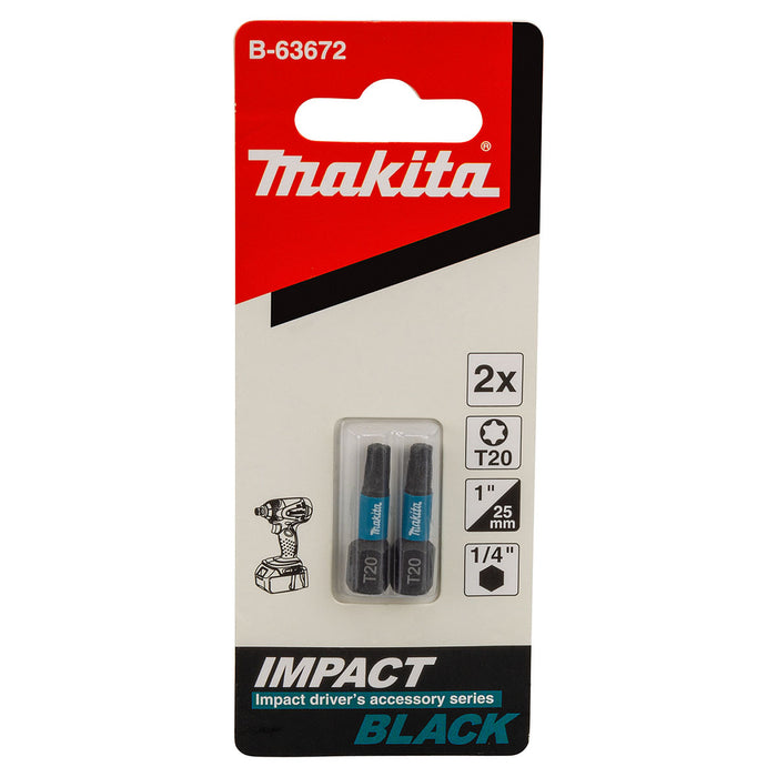 Vĩ 2 mũi vặn vít đầu sao Impact Black Makita kích thước từ T15 - T40, chiều dài 25mm, đuôi lục giác 6.35mm (1/4 inch)