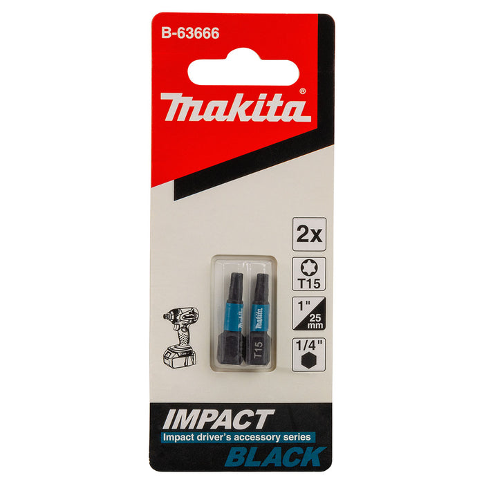 Vĩ 2 mũi vặn vít đầu sao Impact Black Makita kích thước từ T15 - T40, chiều dài 25mm, đuôi lục giác 6.35mm (1/4 inch)