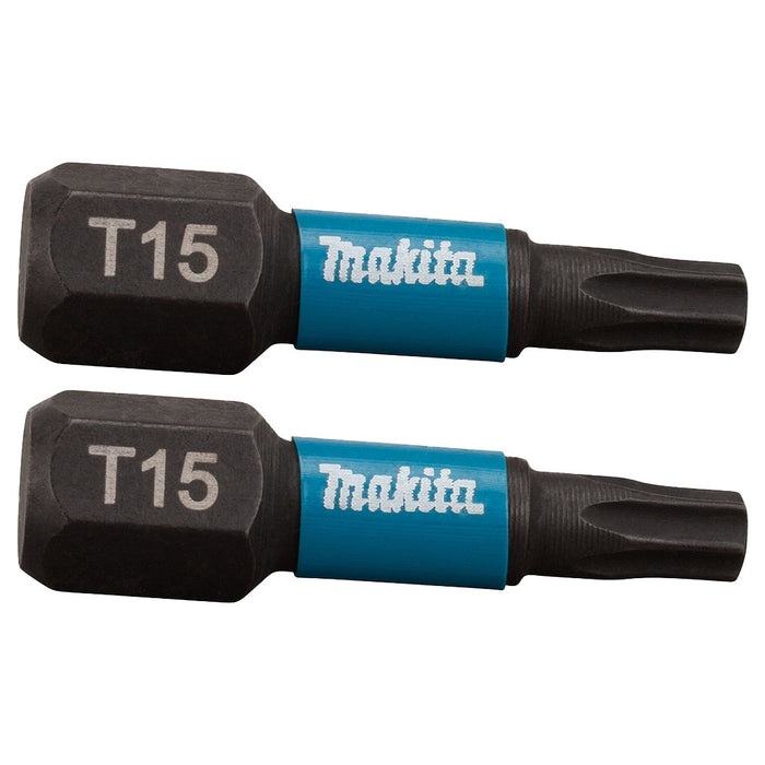 Vĩ 2 mũi vặn vít đầu sao Impact Black Makita kích thước từ T15 - T40, chiều dài 25mm, đuôi lục giác 6.35mm (1/4 inch)