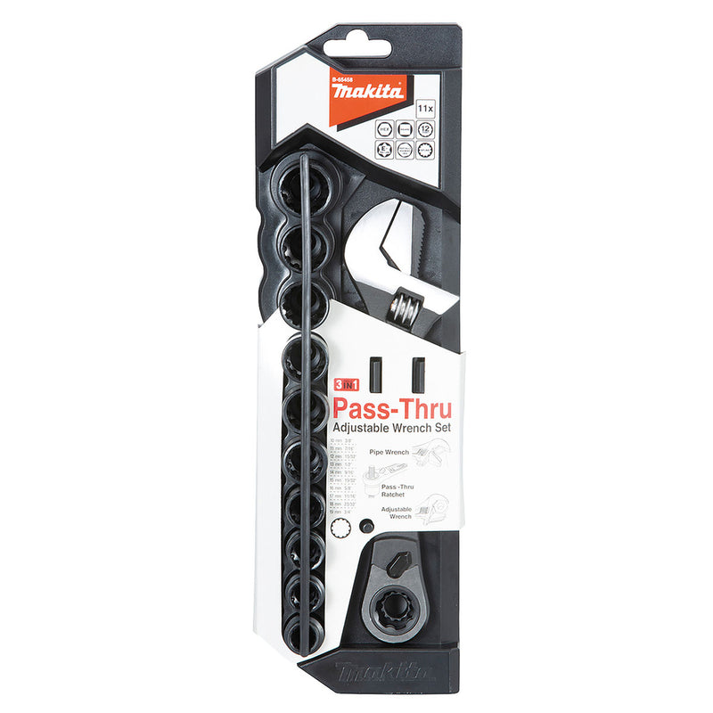 Bộ mỏ lết và đầu tuýp xuyên tâm 11 chi tiết Makita B-65458 cốt 3/8 inch, kích thước từ 10mm - 19mm